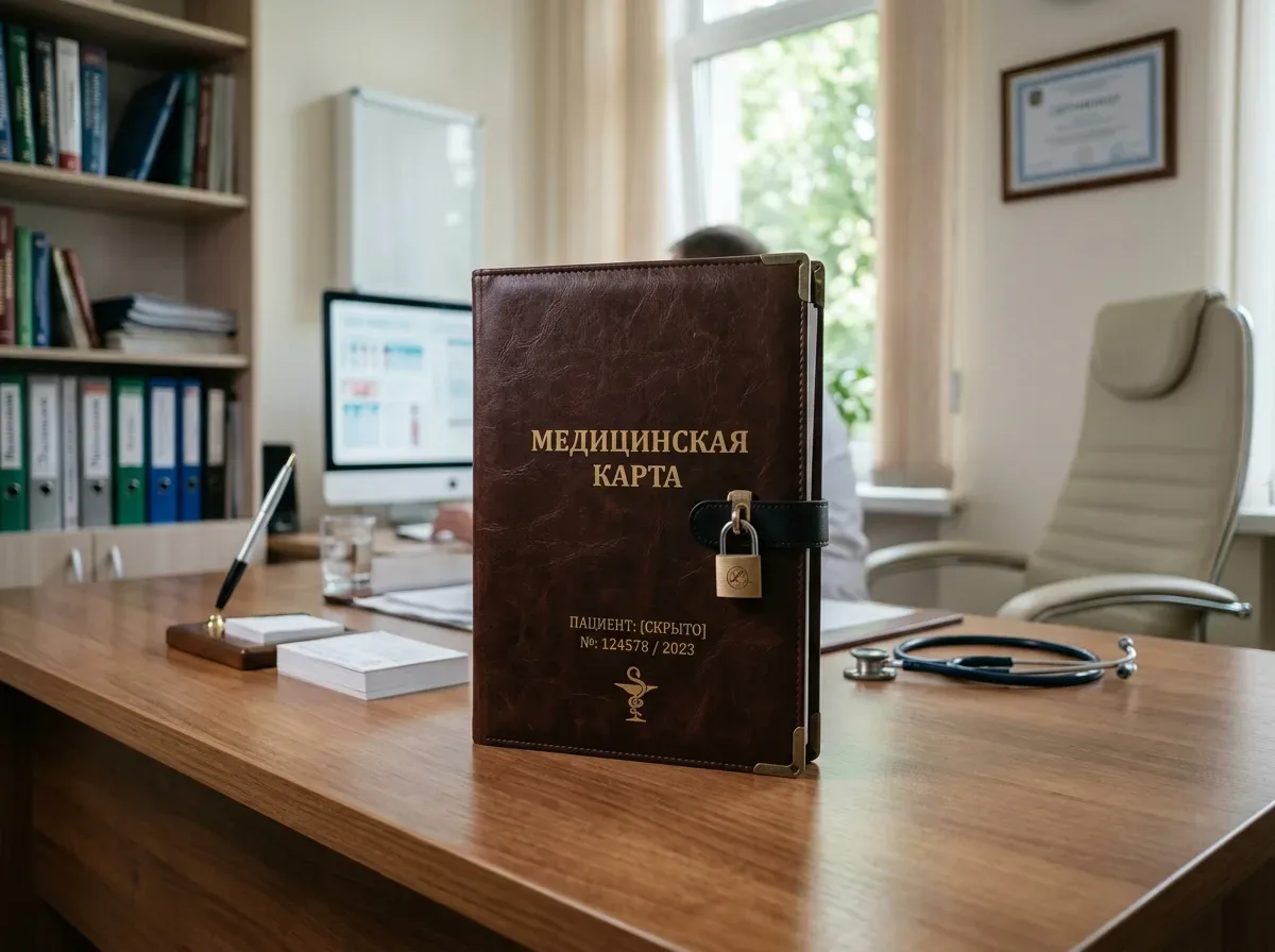 закрытая папка с документами, замок, стол врача, спокойный интерьер